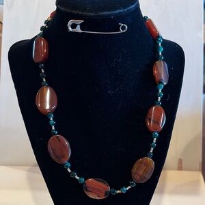 Elegant Stone Beaded Necklace in Rich Brown and Teal. Size 20 inches